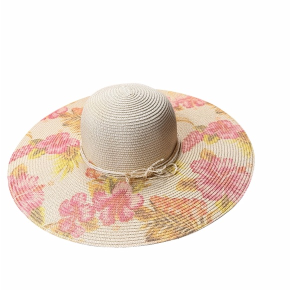 Source Unknown Accessories - Large Floral Straw Hat - Pink and Yellow